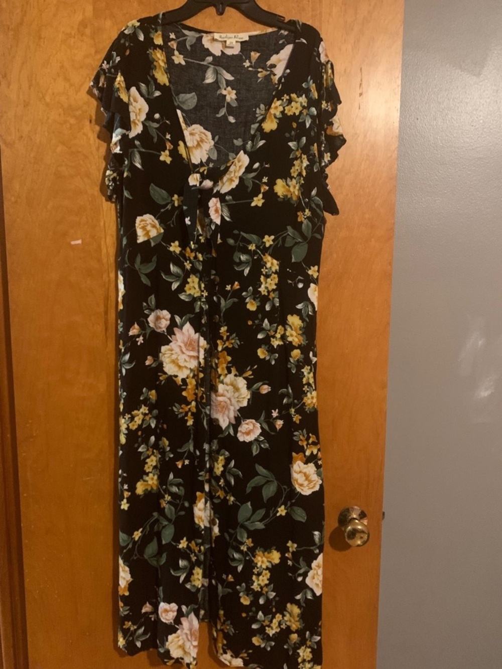 Floral Tie-Front Black Maxi Dress with Ruffle Sleeves